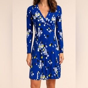 Boden Women Wrap Jersey Knit Dress 8 Long Blue Floral Long Sleeve Stretch Flare
